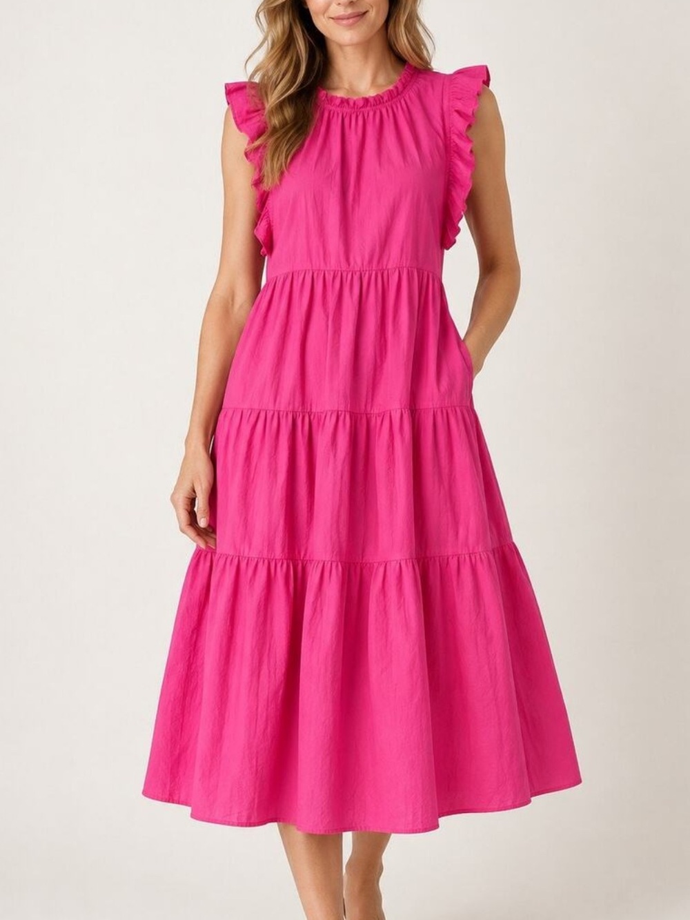 J. Crew Sleeveless Tiered Cotton Poplin midi Dress pink 39994